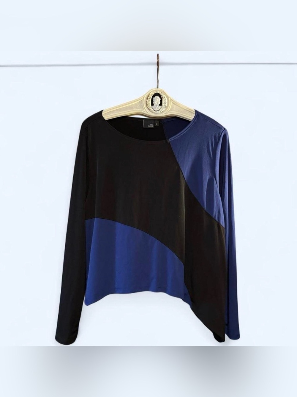 Lisa Bayne Asymmetrical Colorblock Tunic Top Women's Large Blue Black Blouse